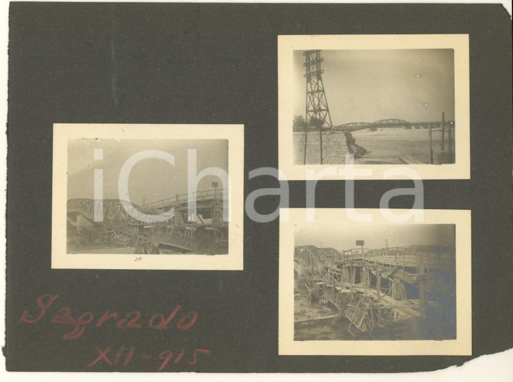 Fotografia d epoca originale 1915 WW1 SAGRADO GO Ponte sull Isonzo danneggiato Lotto 3 foto 6x5 cm 1