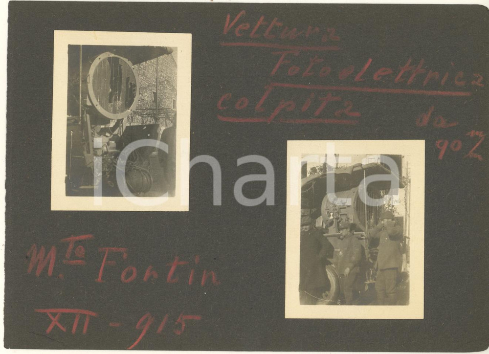 Fotografia d epoca originale 1915 WW1 MONTE FORTIN GO Vettura fotoelettrica colpita da 902 2 foto 6x5 1