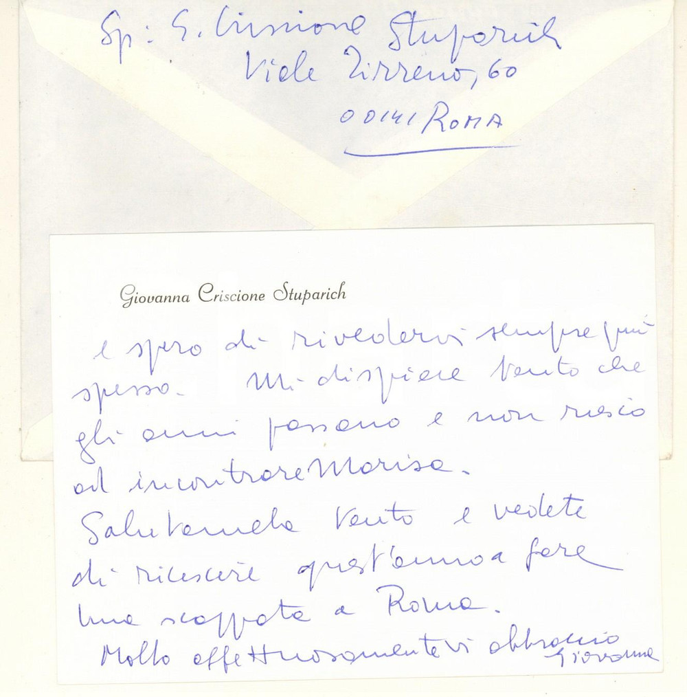 Autografo originale 1988 ROMA Biglietto Giovanna CRISCIONE STUPARICH per ringraziamento Autografo 1
