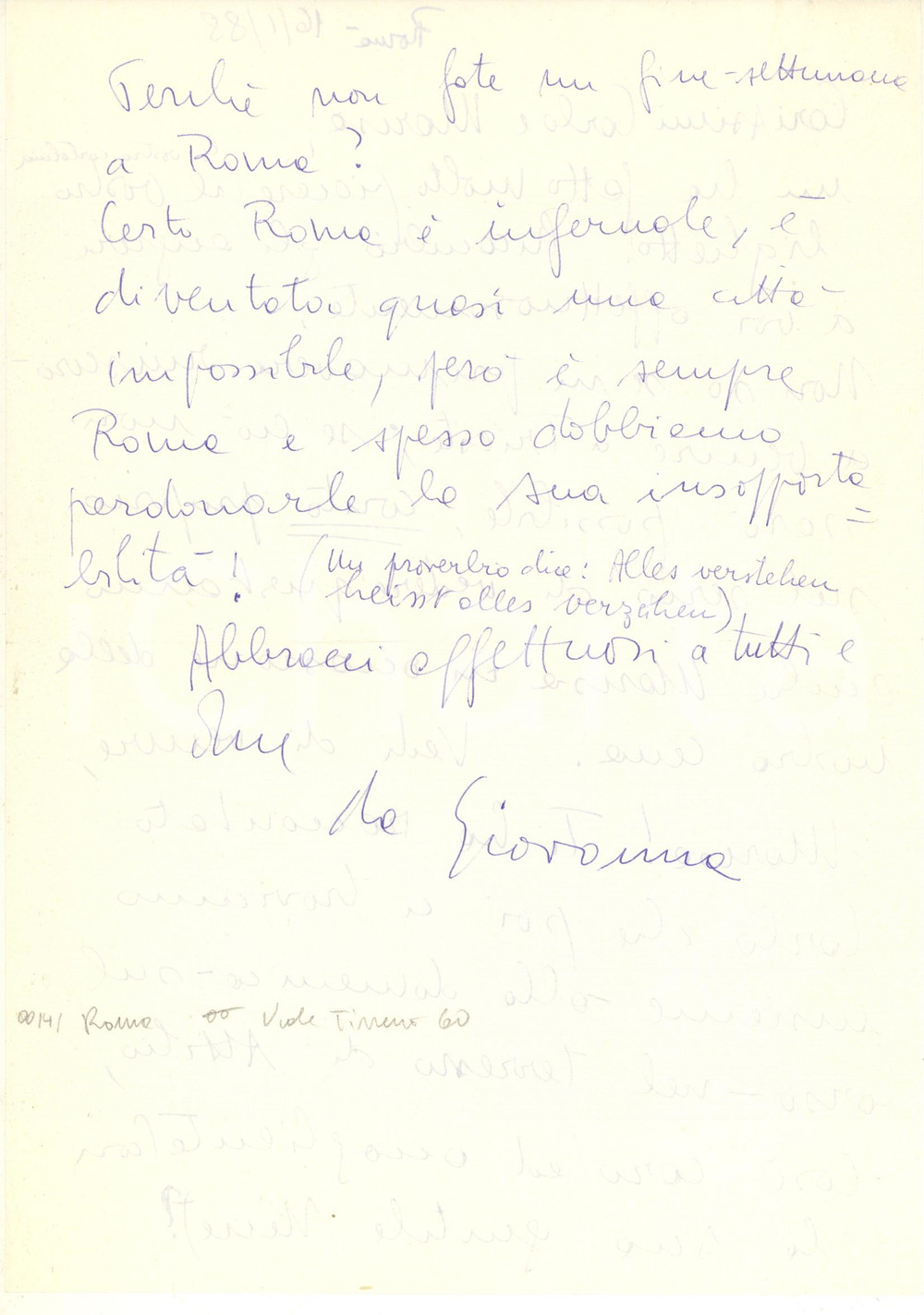 Autografo originale 1988 Giovanna CRISCIONE STUPARICH Roma è infernale, ma da perdonare Autografo 1