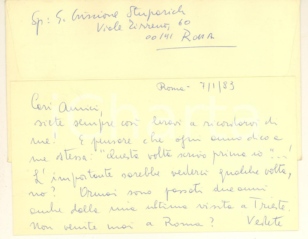 Autografo originale 1983 ROMA Biglietto Giovanna CRISCIONE STUPARICH agli amici lontani Autografo 1