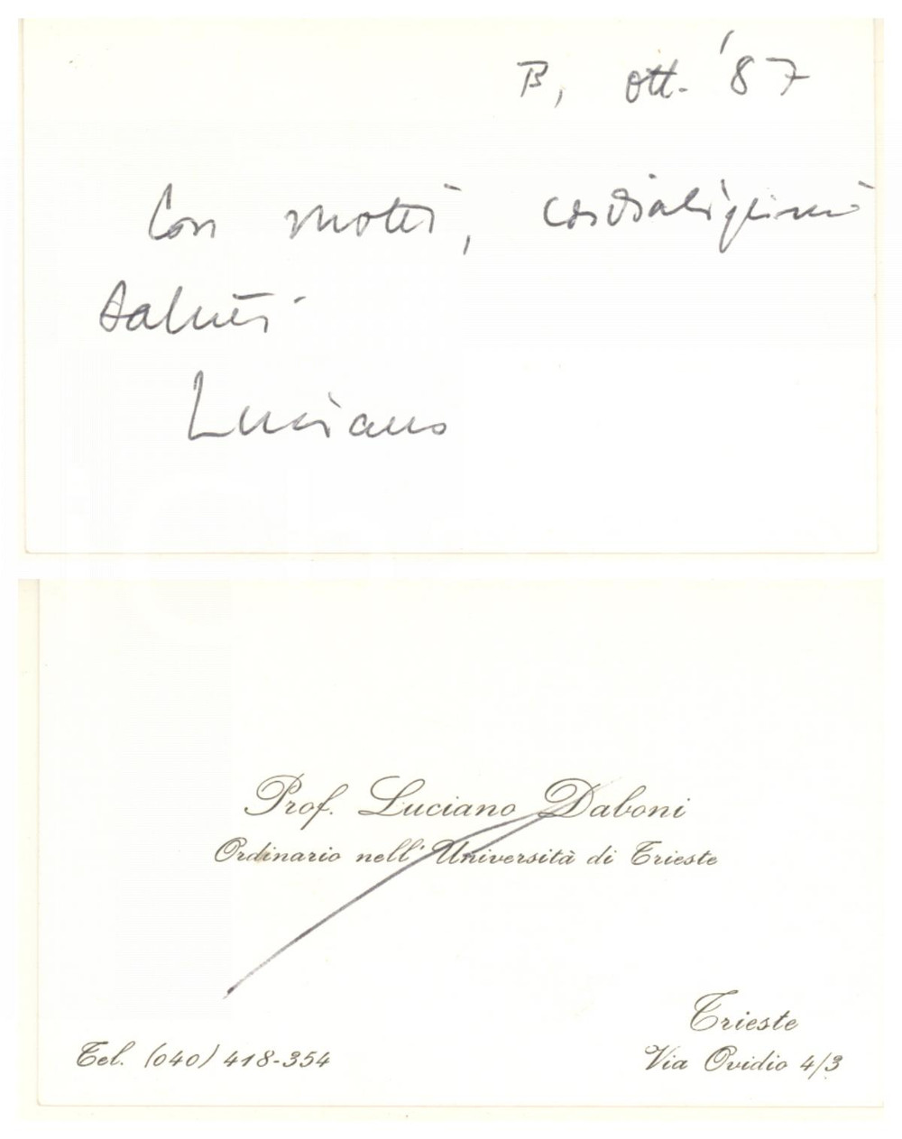 Autografo originale 1987 Università di TRIESTE Prof. Luciano DABONI Biglietto da visita AUTOGRAFO 1