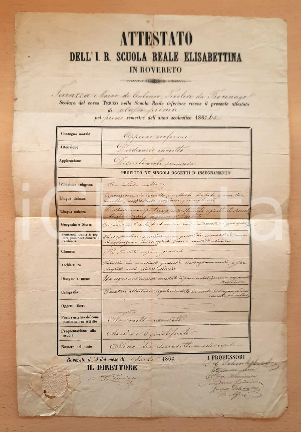 Oggetto da collezione cartaceo 1863 ROVERETO I. R. Scuola Reale Elisabettina  Attestato di classe prima 1