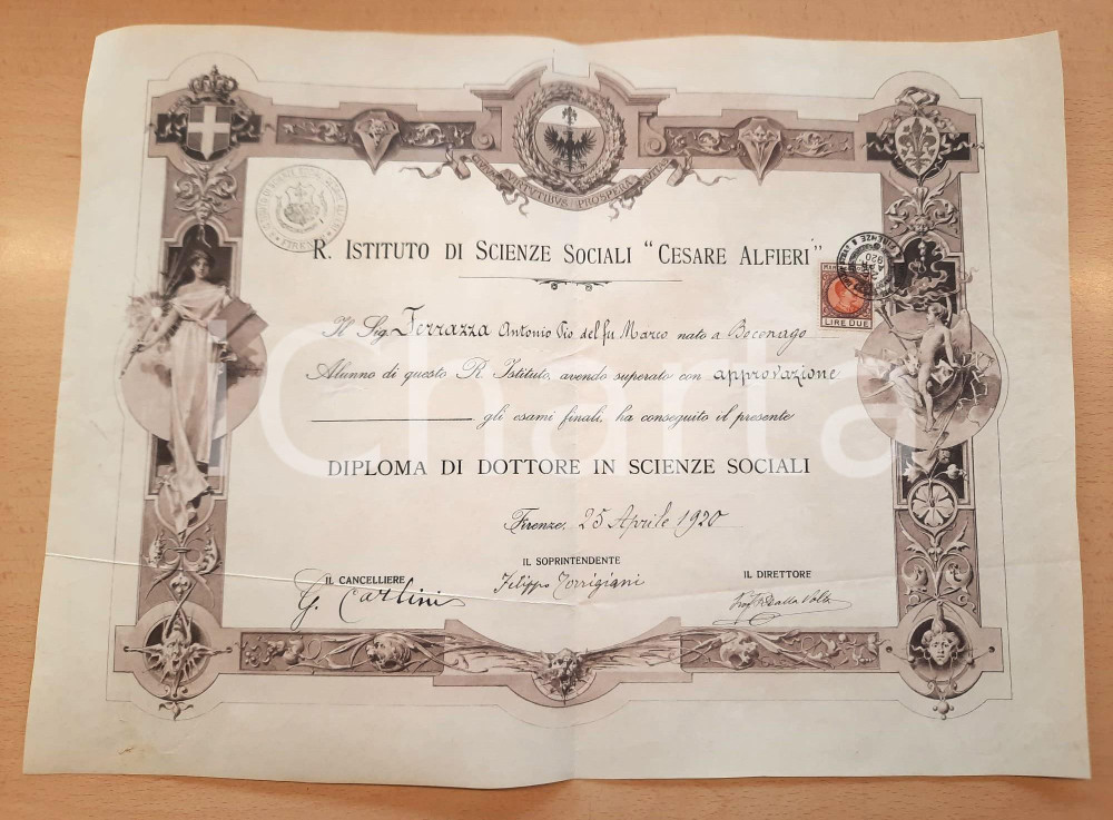 Oggetto da collezione cartaceo 1920 FIRENZE R. Istituto Scienze Sociali Cesare Alfieri Diploma A.P. FERRAZZA 1