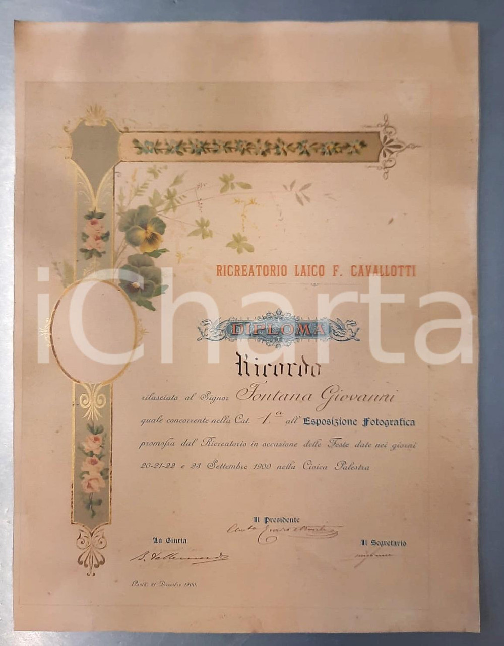 Oggetto da collezione cartaceo 1900 PAVIA Ricreatorio Laico F. CAVALLOTTI  Diploma Esposizione Fotografica 1
