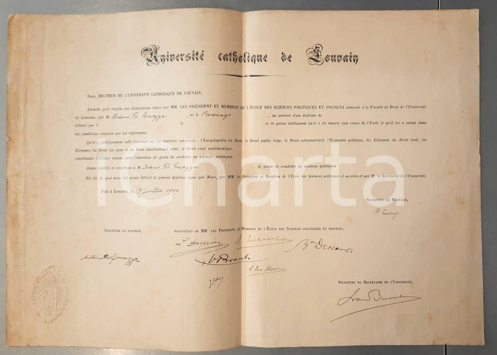 Oggetto da collezione cartaceo 1914 Université Catholique LOUVAIN  Ecole Sciences Politiques Diplôme candidat 1