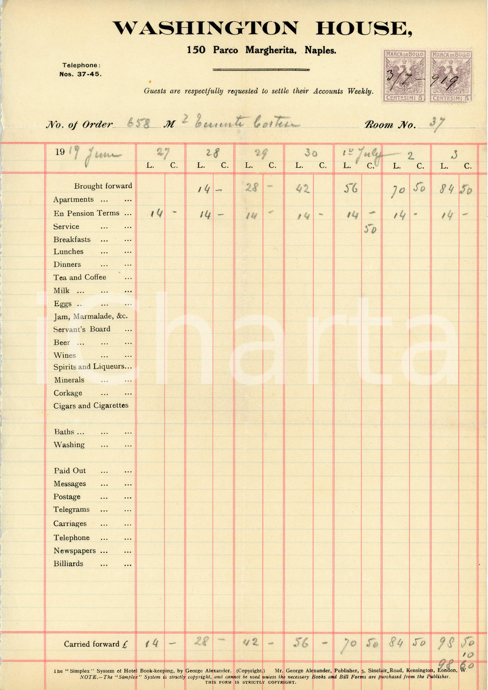 Documento originale, autentico 1919 NAPOLI Parco Margherita 15 Hotel WASHINGTON HOUSE Albergo  Fattura 6 1