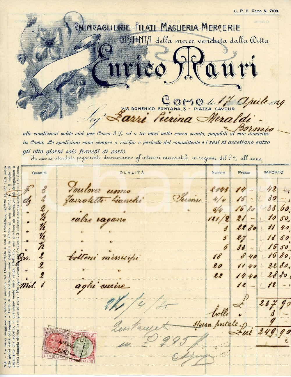 Documento originale, autentico 1929 COMO Enrico MAURI Chincaglierie Filati Maglierie Mercerie  Fattura 1 1