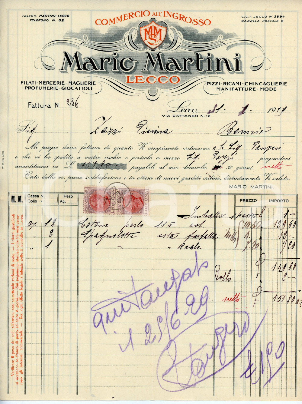 Documento originale, autentico 1929 LECCO Via Cattaneo 12 Mario MARTINI Commercio ingrosso   Fattura 1