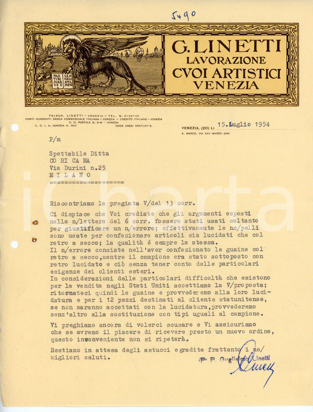 Documento originale, autentico 1954 VENEZIA Calle Larga XXII Marzo 2245 Cuoi artistici G. LINETTI Lettera 4 1
