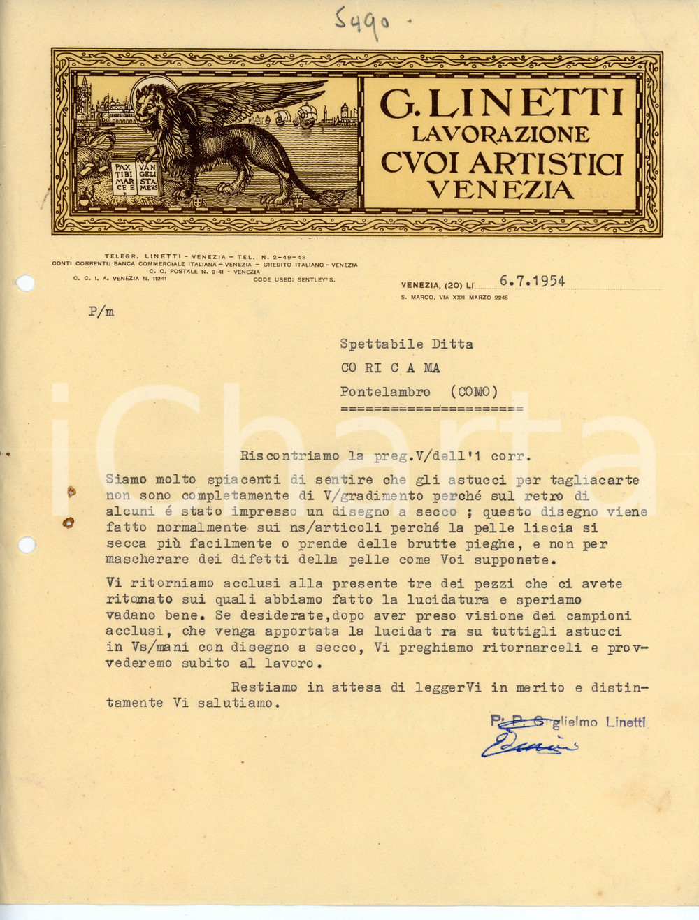 Documento originale, autentico 1954 VENEZIA Calle Larga XXII Marzo 2245 Cuoi artistici G. LINETTI Lettera 3 1