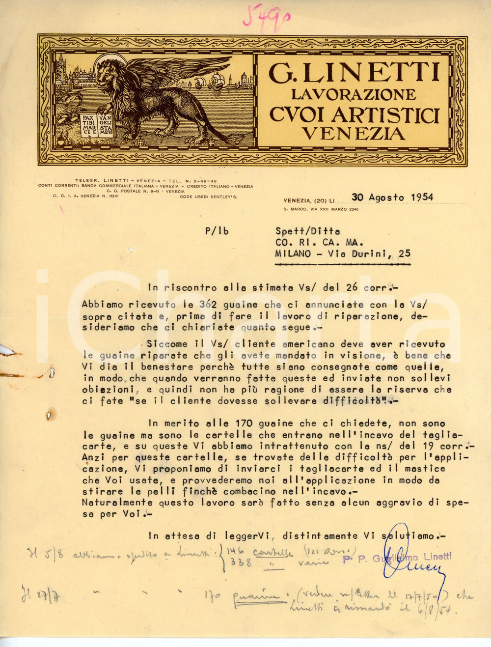 Documento originale, autentico 1954 VENEZIA Calle Larga XXII Marzo 2245 Cuoi artistici G. LINETTI Lettera 1 1