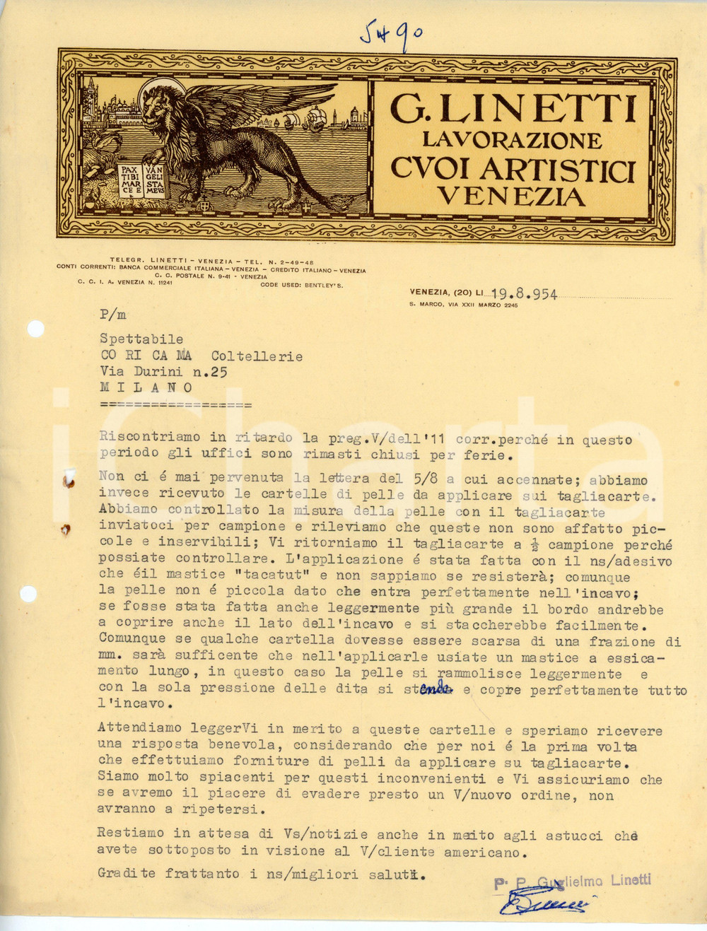 Documento originale, autentico 1954 VENEZIA Calle Larga XXII Marzo 2245 Cuoi artistici G. LINETTI Lettera 1