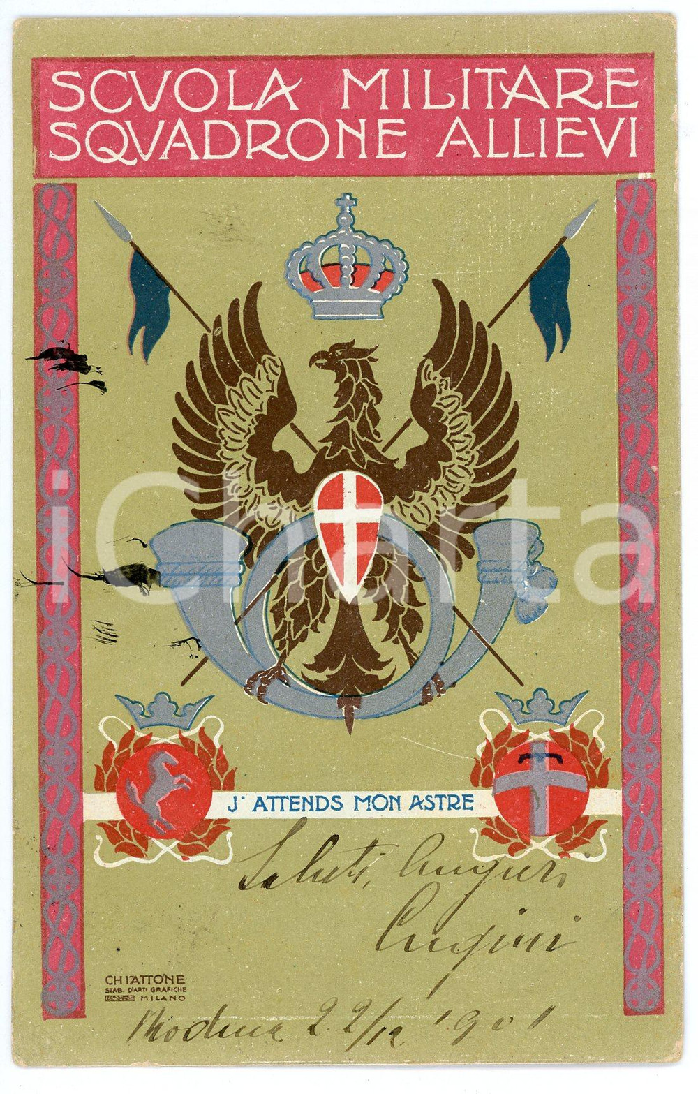 Cartolina originale da collezione 1901 REGIO ESERCITO Scuola militare squadrone allievi  Cartolina REGGIMENTALE 1
