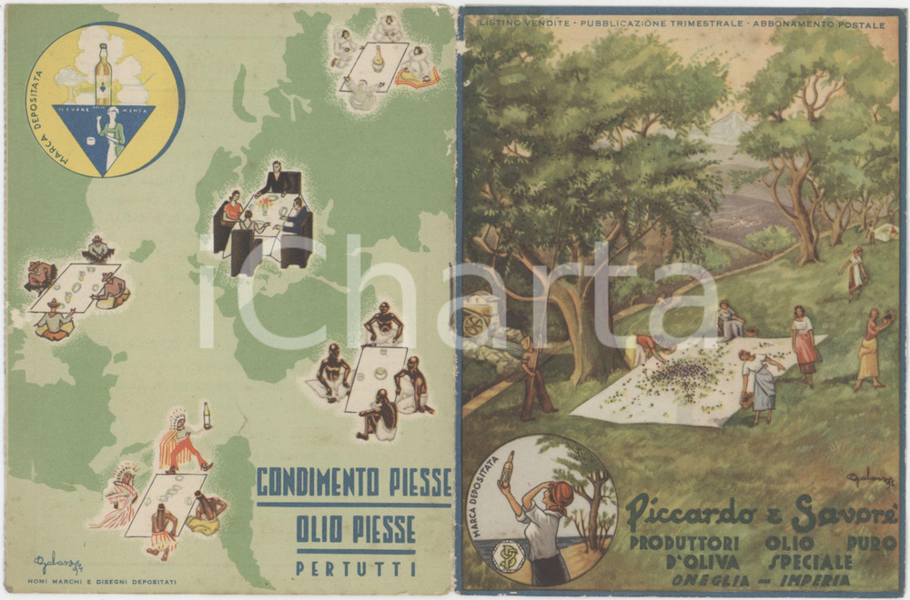 Materiale pubblicitario d’epoca 1951 ONEGLIA Olio PIESSE Piccardo e Savorè  Listino prezzi ILLUSTRATO 1