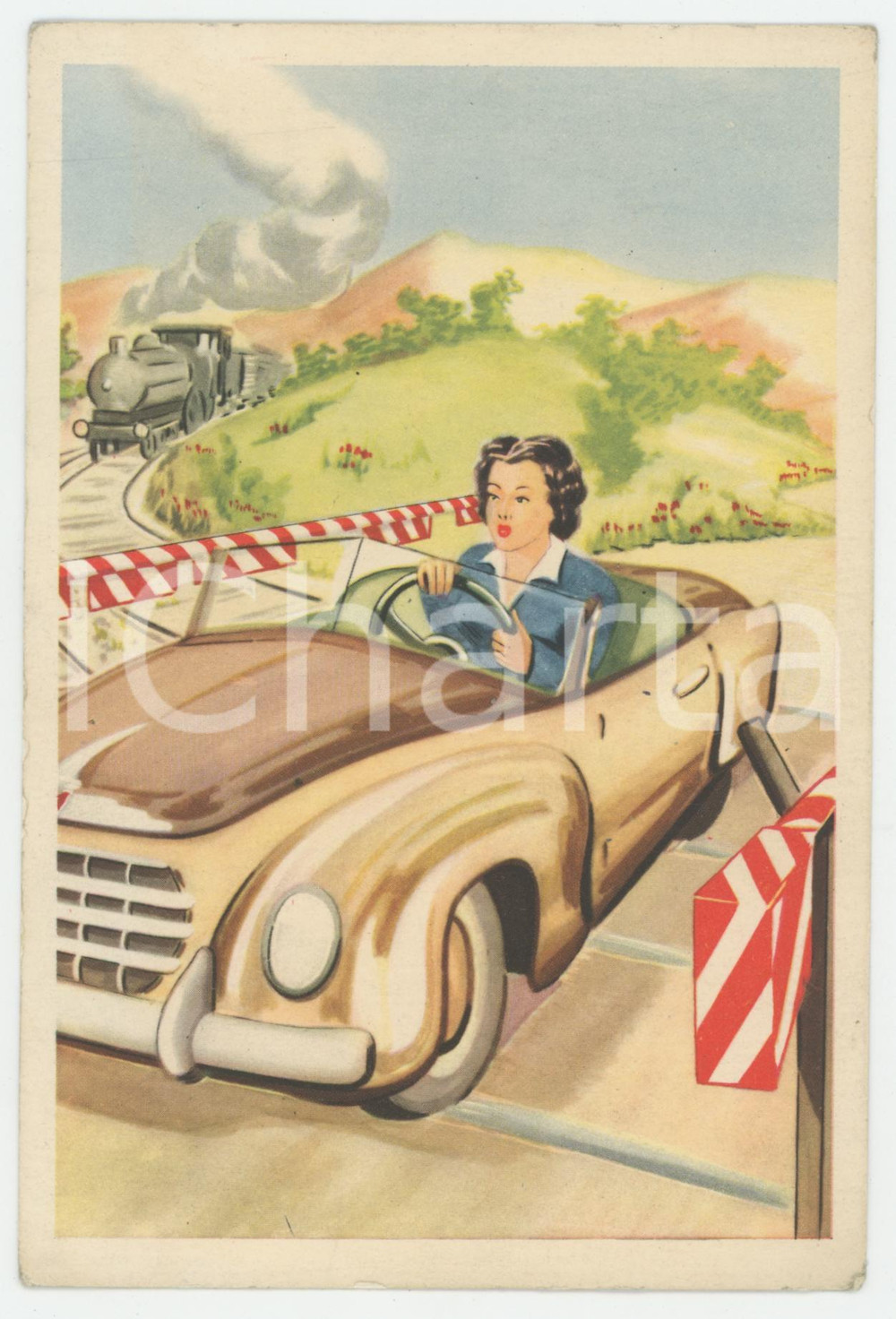 Cartolina originale da collezione 1960 ca UMORISMO Donna in auto bloccata sui binari  Cartolina ILLUSTRATA FG NV 1