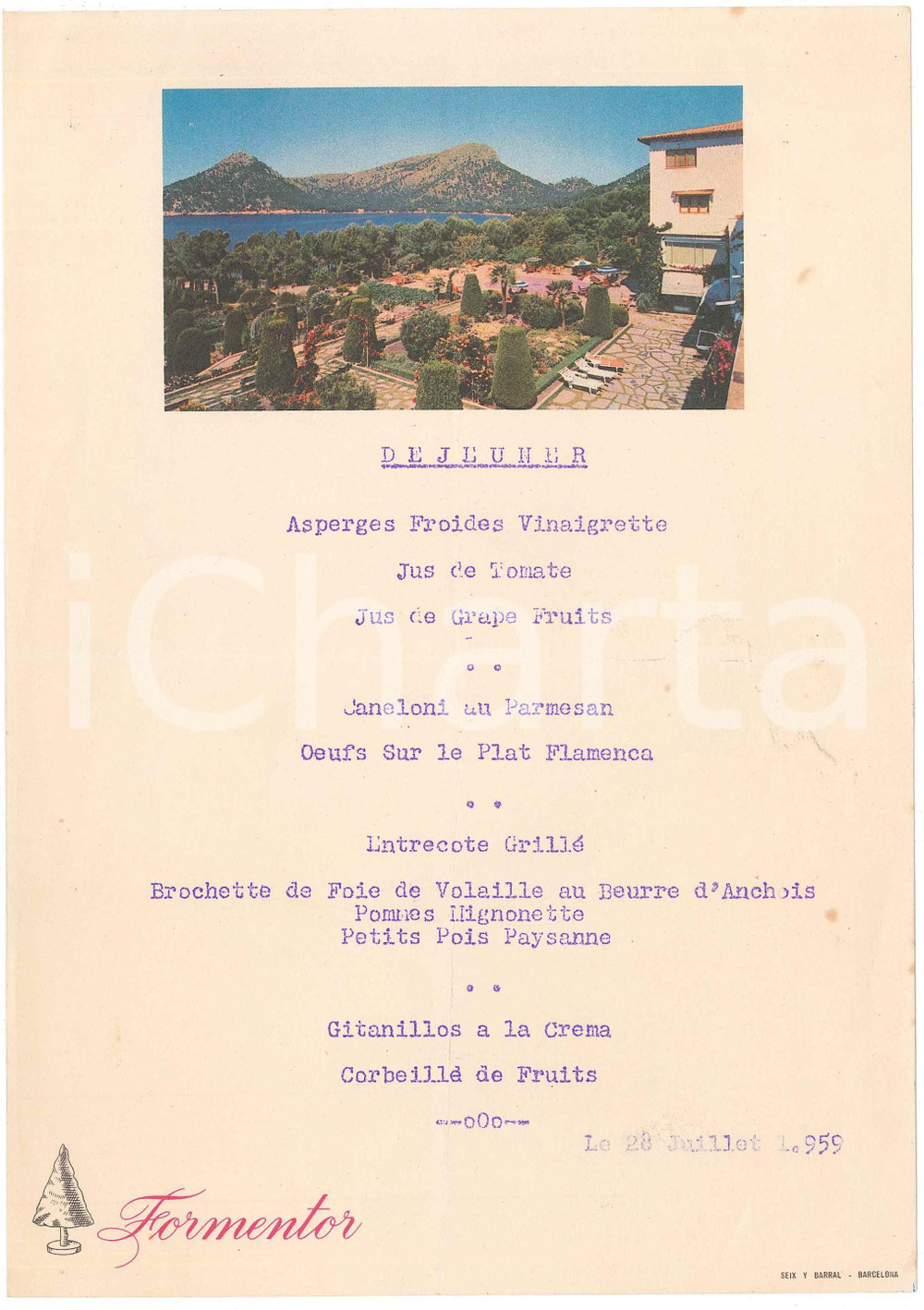 Oggetto da collezione cartaceo 28 julliet 1959 MALLORA Islas Baleares HOTEL FORMENTOR Menu dejeuner 1