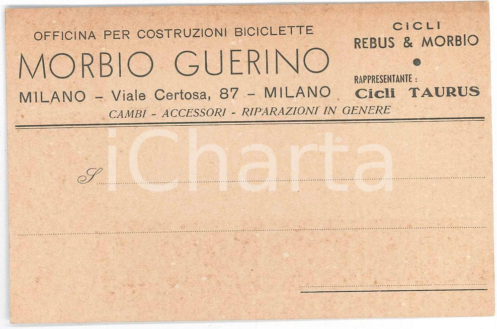 Cartolina originale da collezione 1930 ca MILANO Viale Certosa 87 Bicilette Guerino MORBIO Cartolina commerciale 1