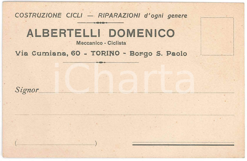 Cartolina originale da collezione 1920 ca TORINO Borgo San Carlo  Domenico ALBERTELLI Costruzione cicli 1