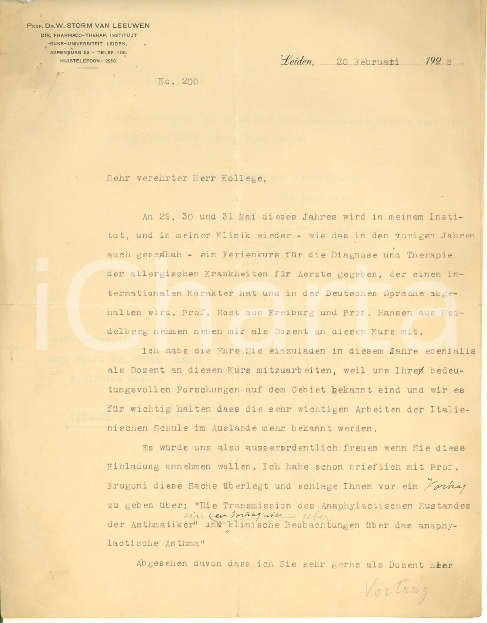 Autografo originale 1928 LEIDEN Prof. Willem STORM VAN LEEUWEN  Invito a un collega  AUTOGRAFO 1