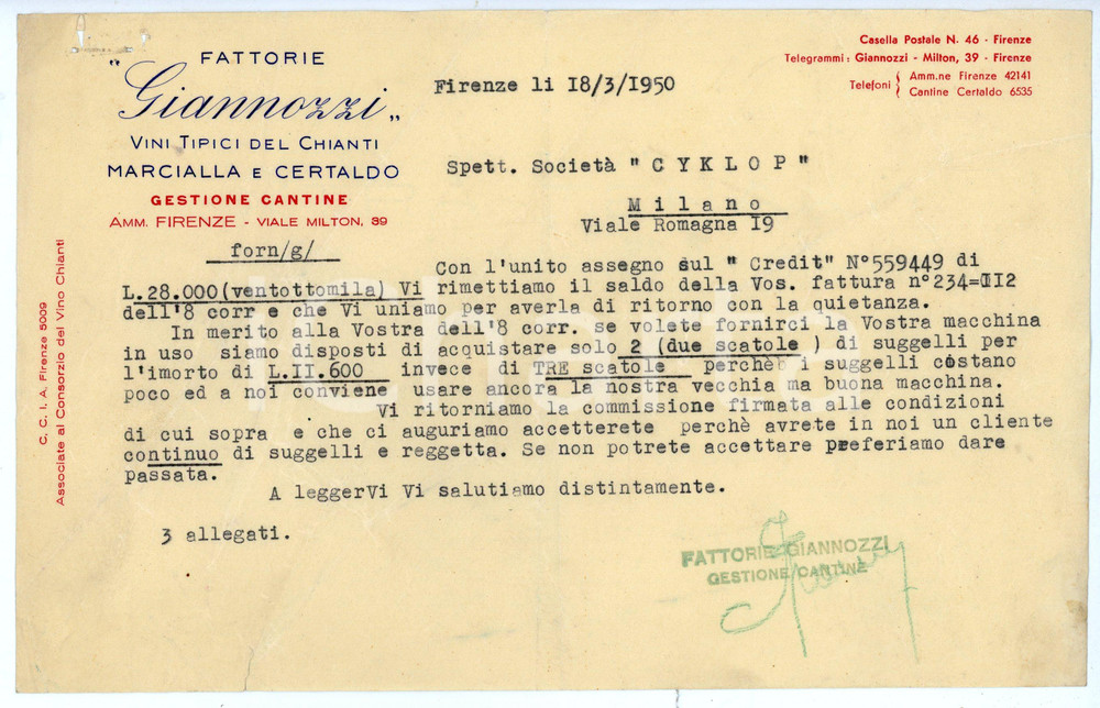 Documento originale, autentico 1950 CERTALDO Frazione MARCIALLA Fattorie GIANNOZZI Vini del Chianti  Lettera 1