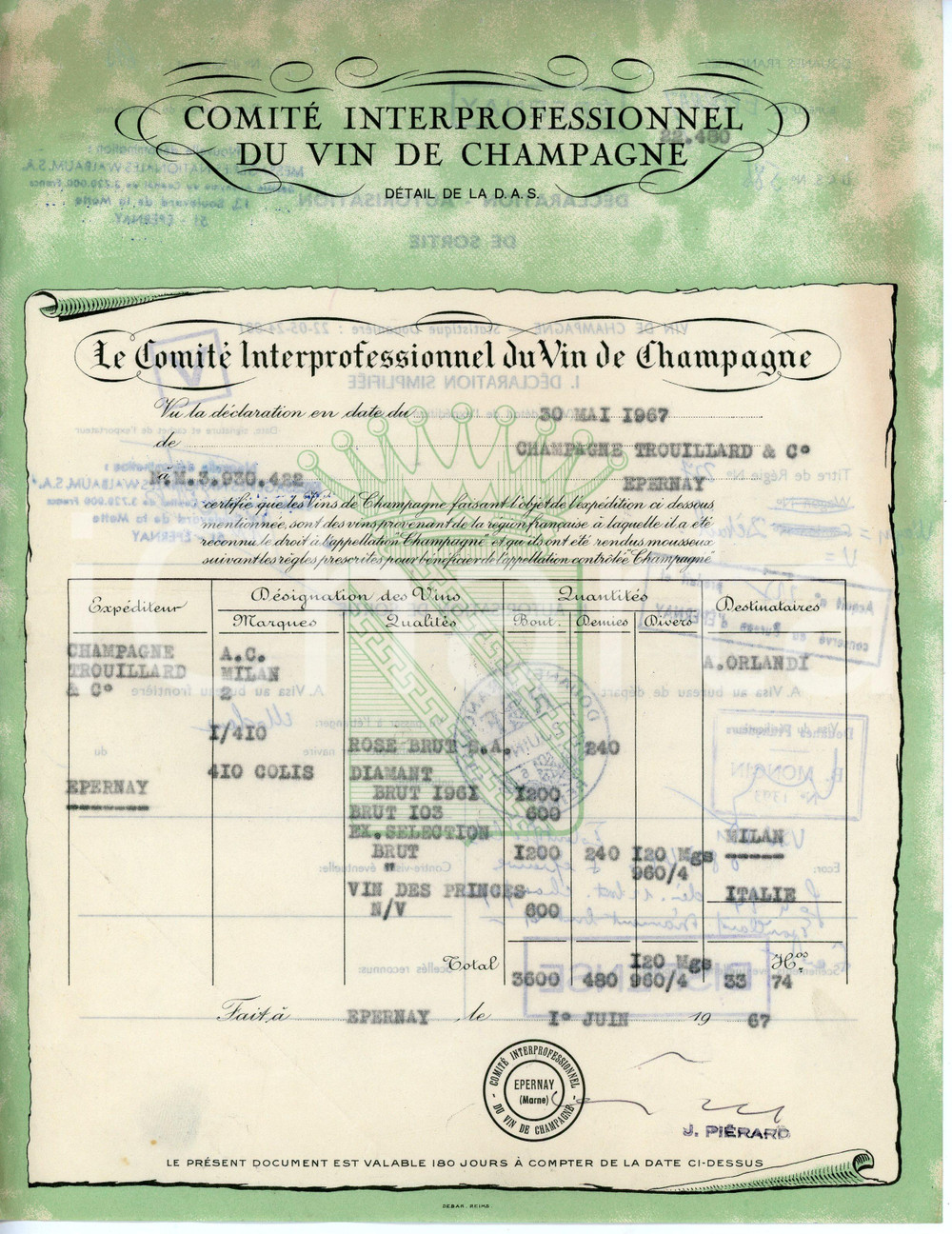 Documento originale, autentico 1967 Comité interprofessionnel du vin de CHAMPAGNE Trouillard EPERNEY Facture 1