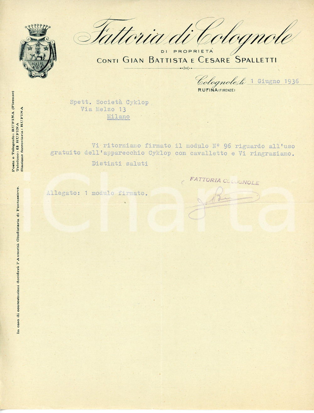 Documento originale, autentico 1936 COLLESALVETTI Fattoria COLOGNOLE Gian Battista e Cesare SPALLETTI Lettera 1