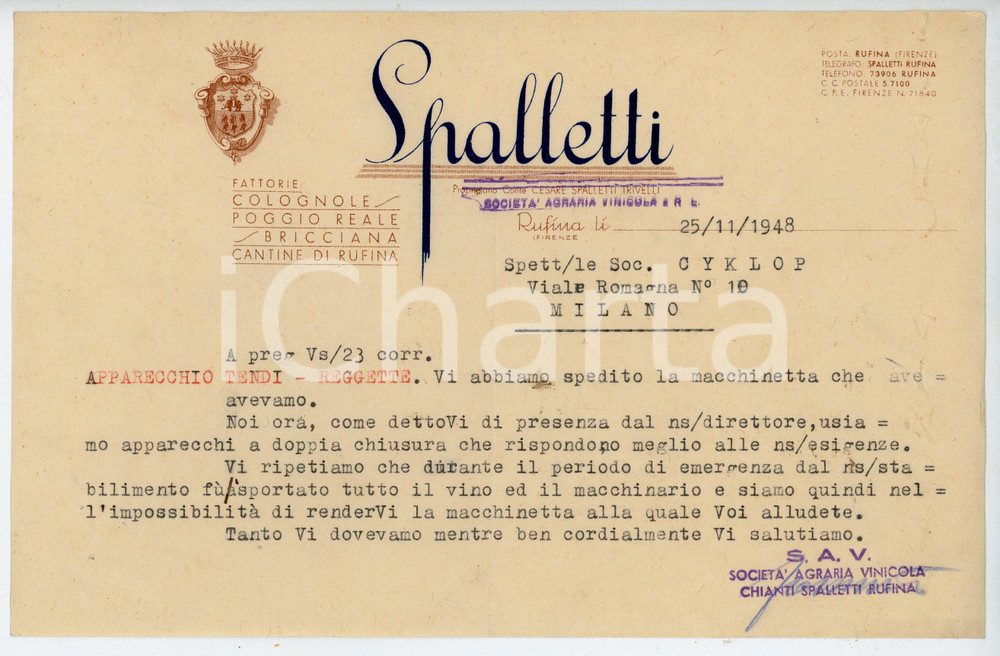 Documento originale, autentico 1948 RUFINA  S.A.V. Società Agraria Vinicola SPALLETTI Lettera commerciale 1 1