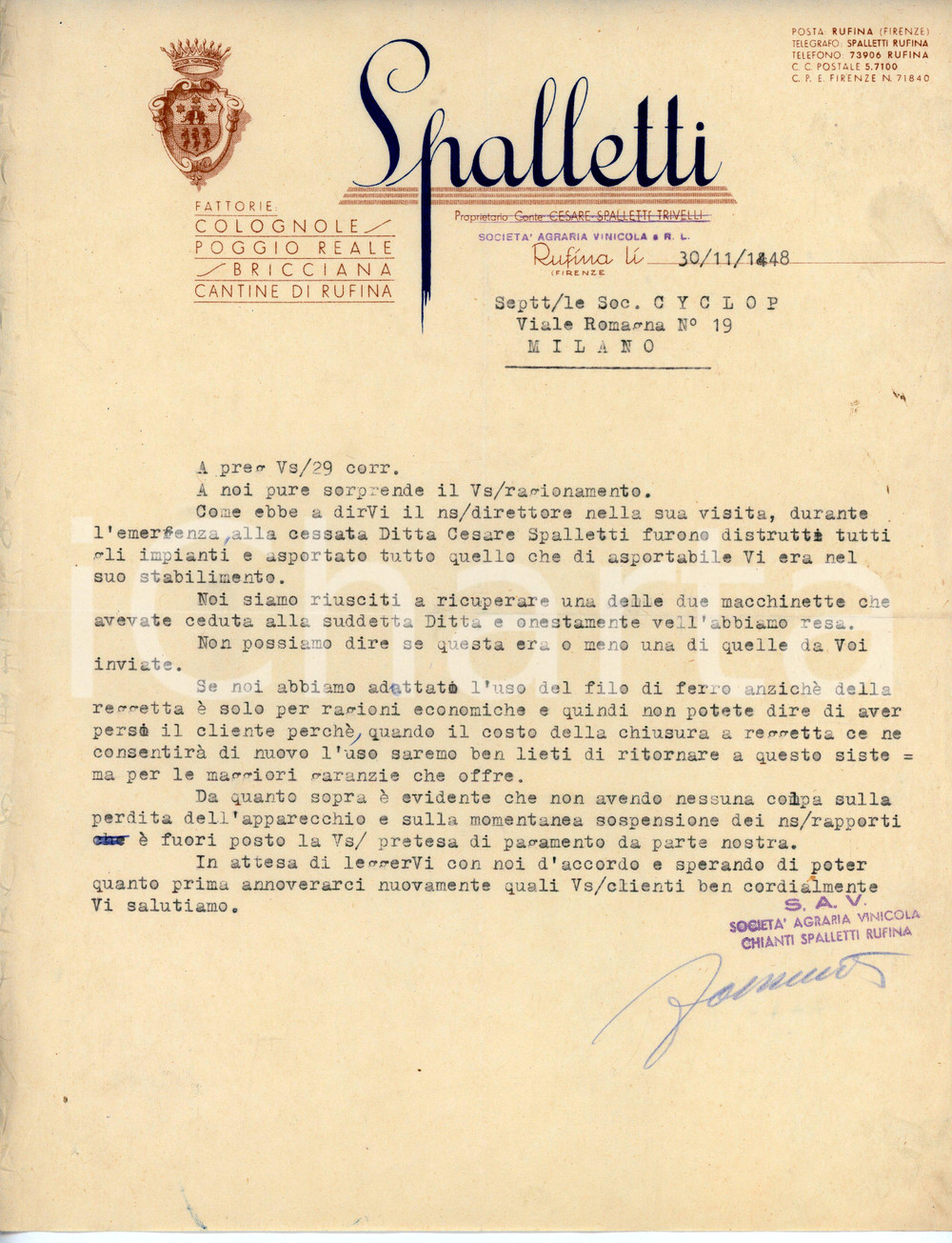 Documento originale, autentico 1948 RUFINA  S.A.V. Società Agraria Vinicola SPALLETTI Lettera commerciale 1