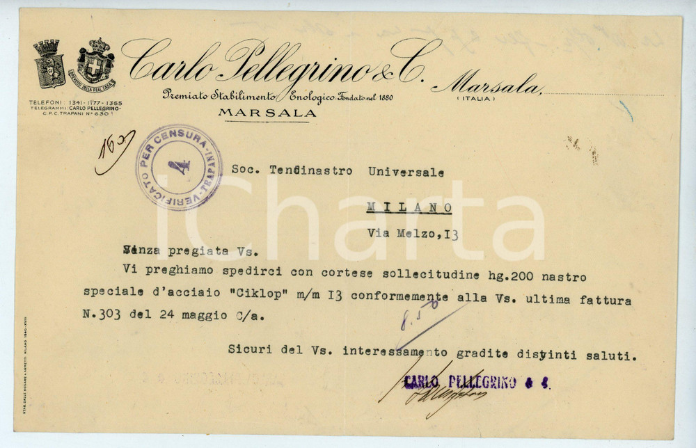 Documento originale, autentico 1935ca MARSALA Stabilimento enologico Carlo PELLEGRINO Lettera con visto censura 1
