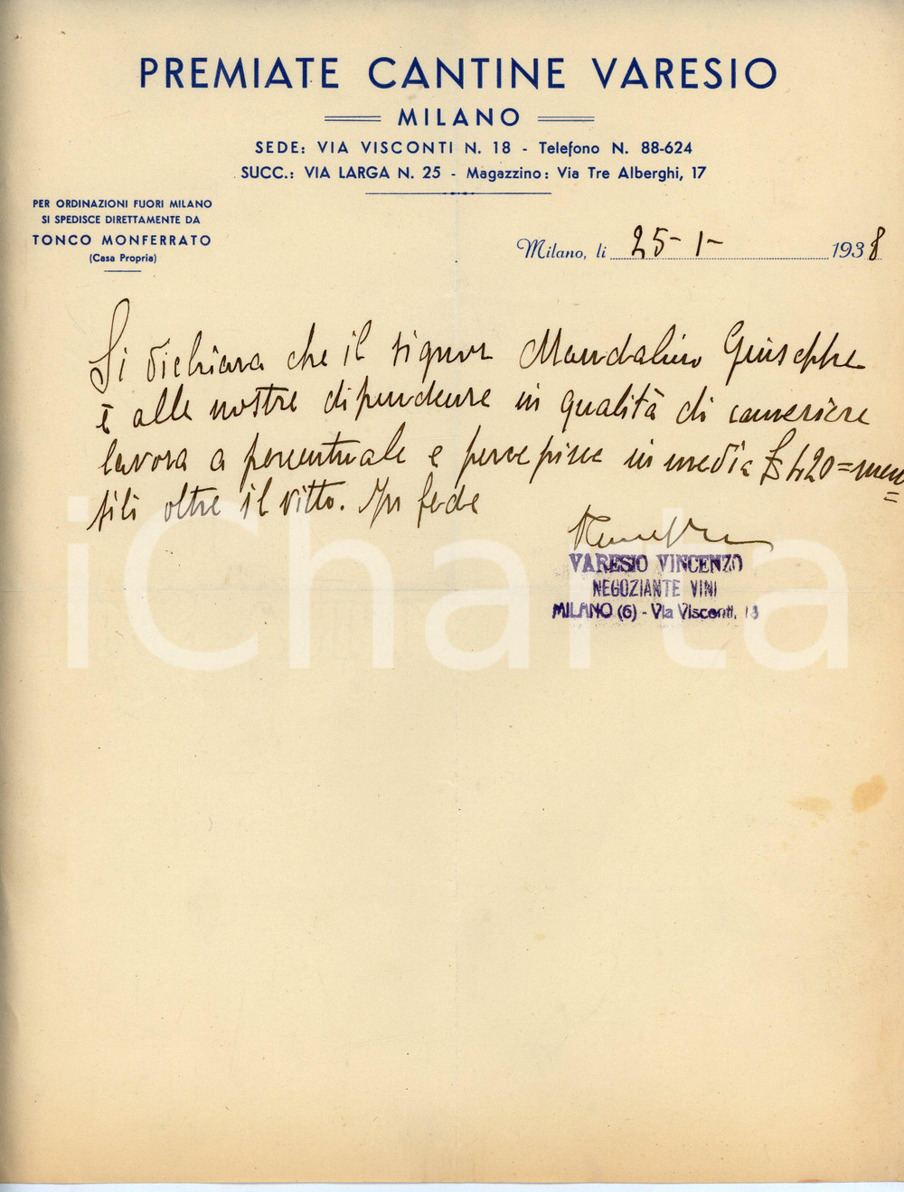 Documento originale, autentico 1938 MILANO Via Visconti 18 Premiate Cantine VARESIO Dichiarazione per cameriere 1