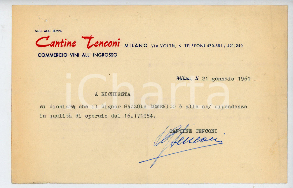 Documento originale, autentico 1961 MILANO Via Voltri 6 Cantine TENCONI Dichiarazione per assunzione operaio 1