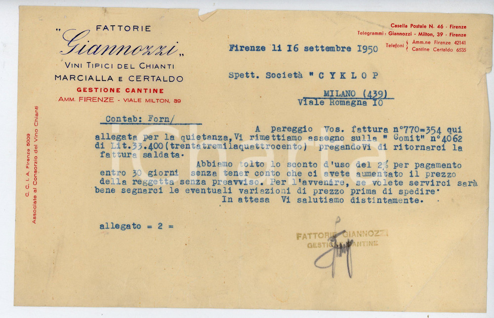 Documento originale, autentico 1950 CERTALDO Frazione MARCIALLA Fattorie GIANNOZZI Vini del Chianti  Lettera 1 1