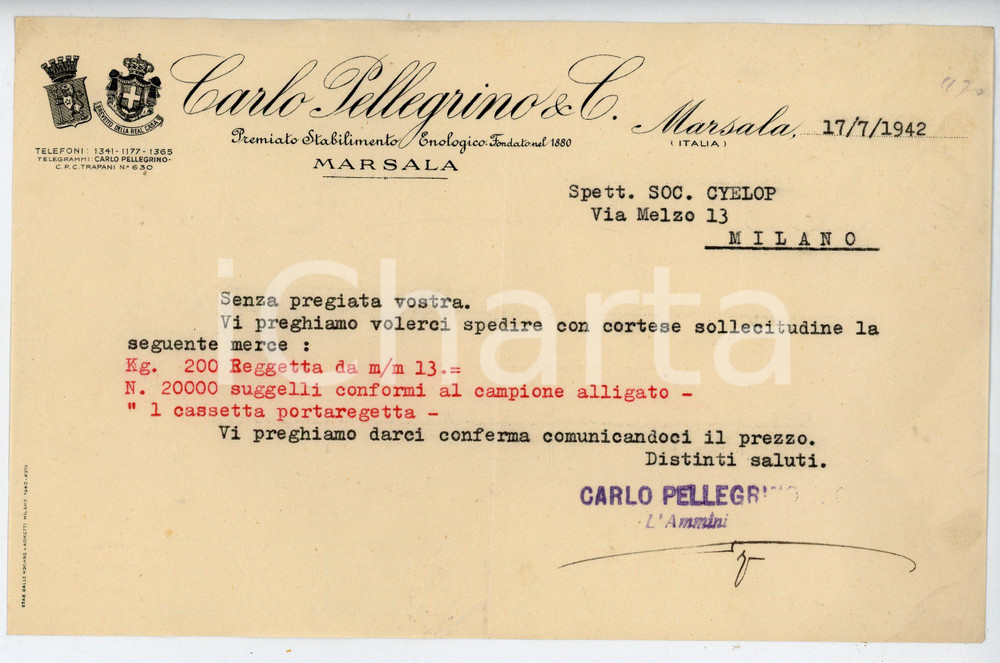 Documento originale, autentico 1942 MARSALA Stabilimento enologico Carlo PELLEGRINO Lettera commerciale 1