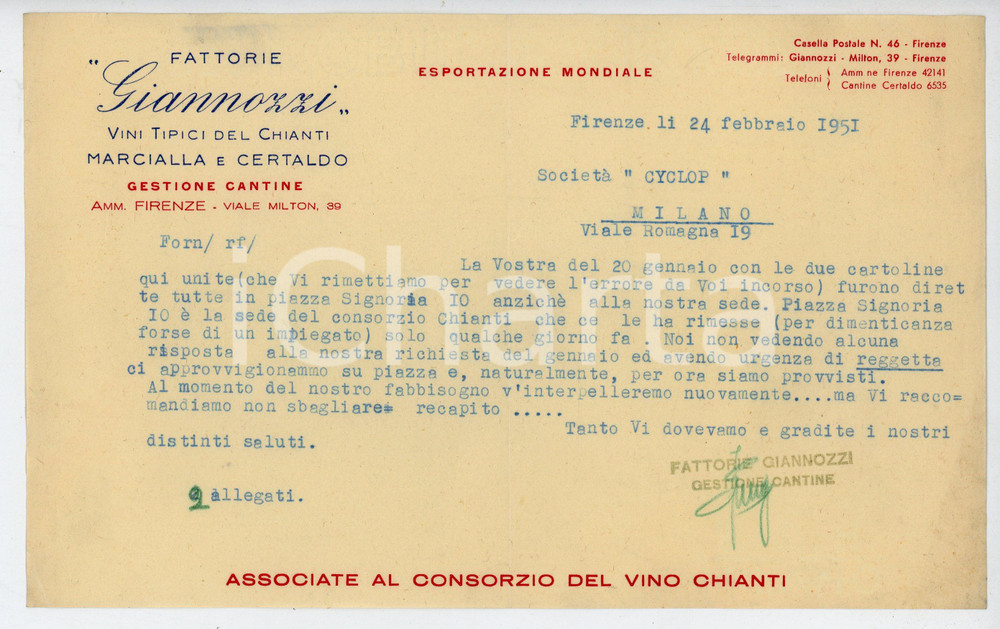 Documento originale, autentico 1951 CERTALDO Frazione MARCIALLA Fattorie GIANNOZZI Vini del Chianti  Lettera 2 1