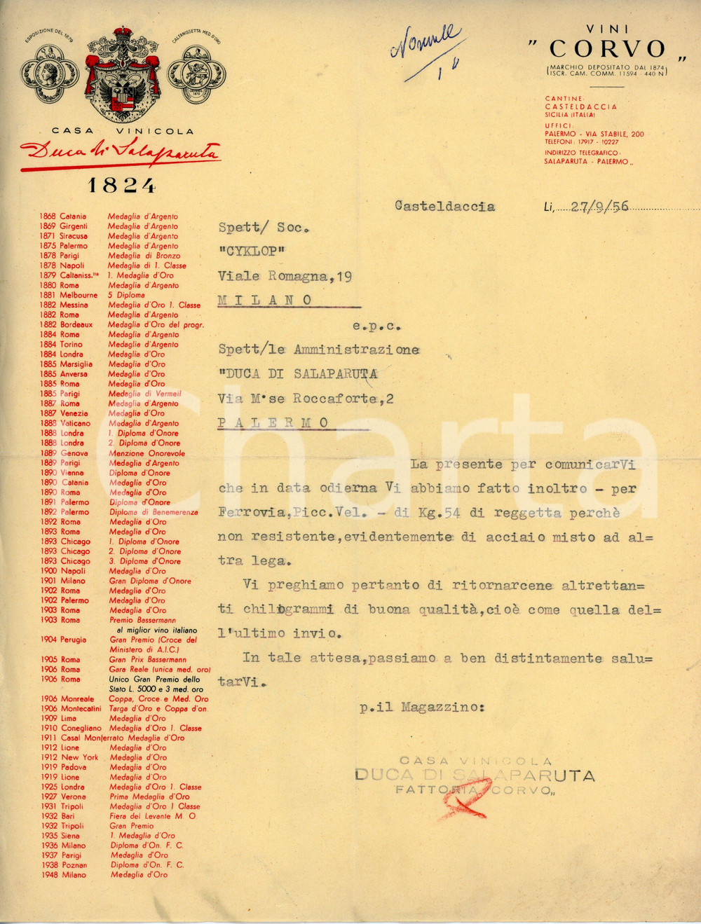 Documento originale, autentico 1956 PALERMO  CASTELDACCIA Casa vinicola CORVO Duca di Salaparuta  Lettera 2 1