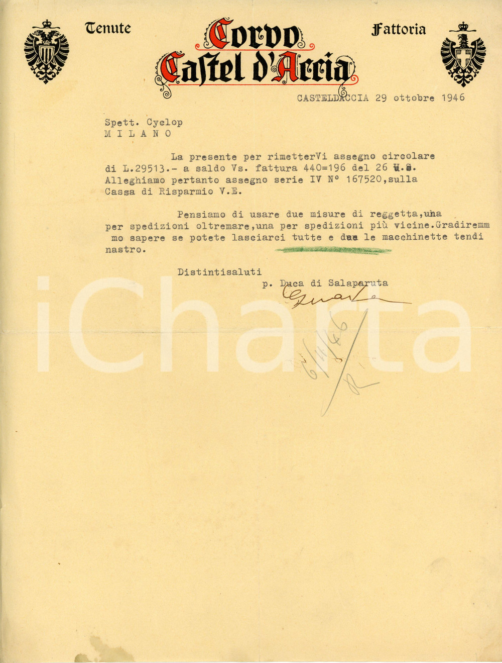 Documento originale, autentico 1946 PALERMO  CASTELDACCIA Casa vinicola CORVO Duca di Salaparuta  Lettera 1 1