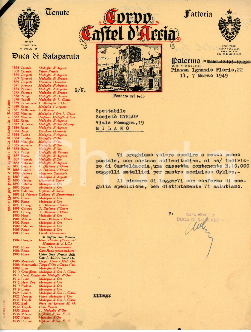 Documento originale, autentico 1949 PALERMO  CASTELDACCIA Casa vinicola CORVO Duca di Salaparuta  Lettera 1