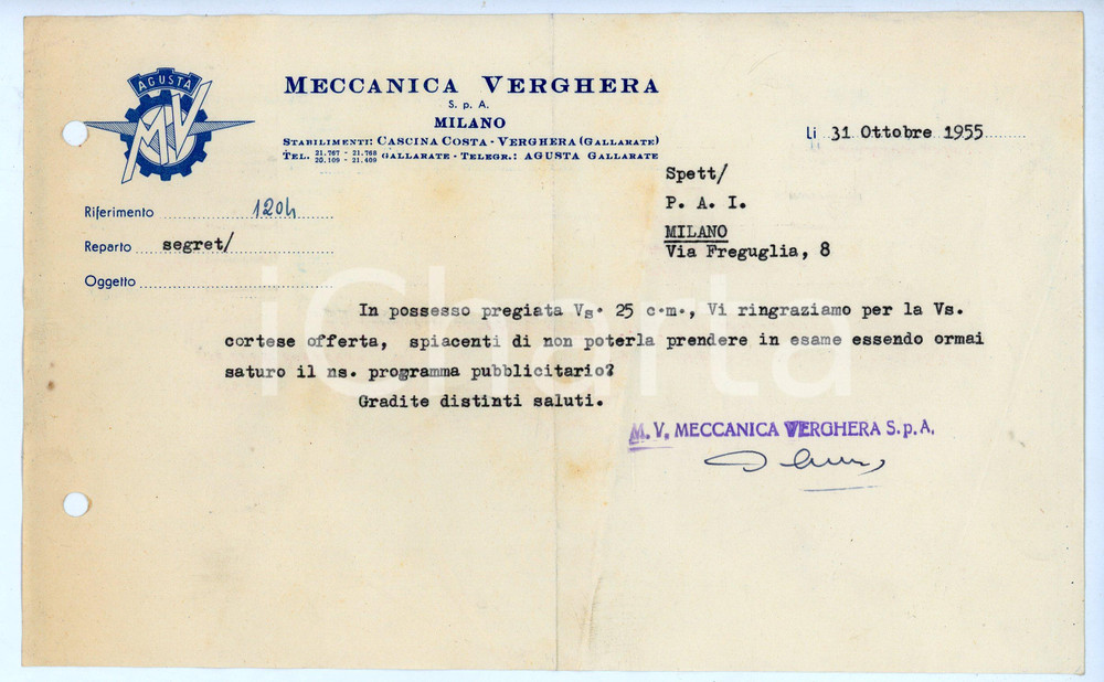 Documento originale, autentico 1955 CASCINA COSTA Meccaniche Verghera MV AGUSTA Lettera commerciale 1