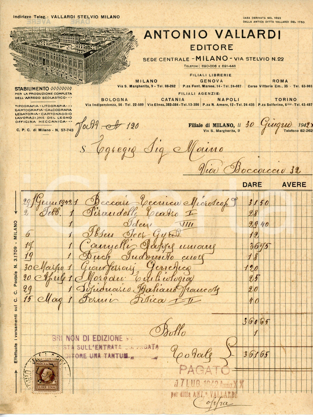 Documento originale, autentico 1942 MILANO Via Santa Margherita 9 Antonio Vallardi Editore  Fattura 1