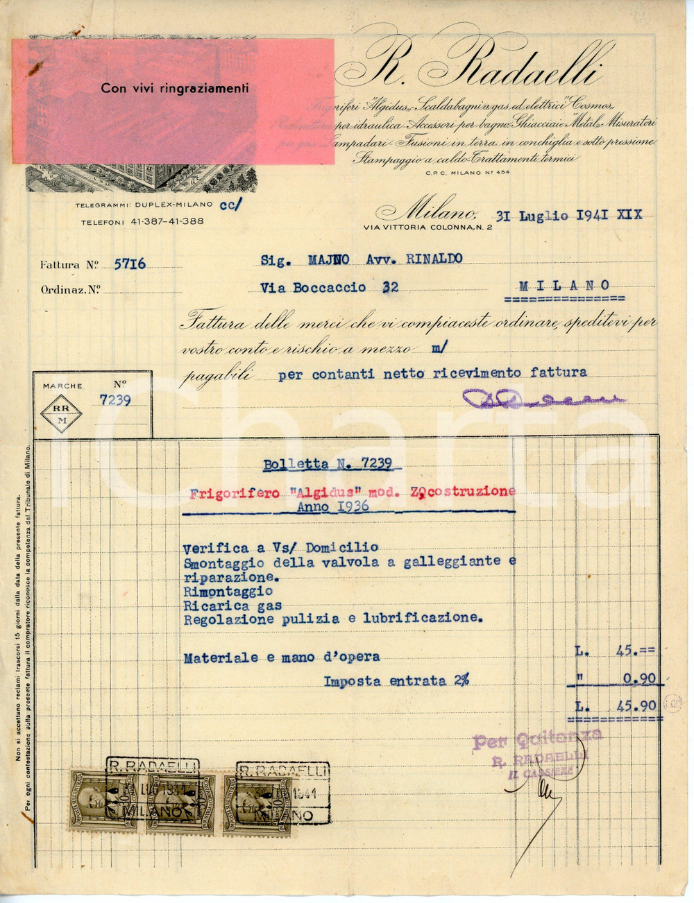 Documento originale, autentico 1941 MILANO Via Vittoria Colonna 2 R. RADAELLI Riparazione frigorifero ALGIDUS 1 1