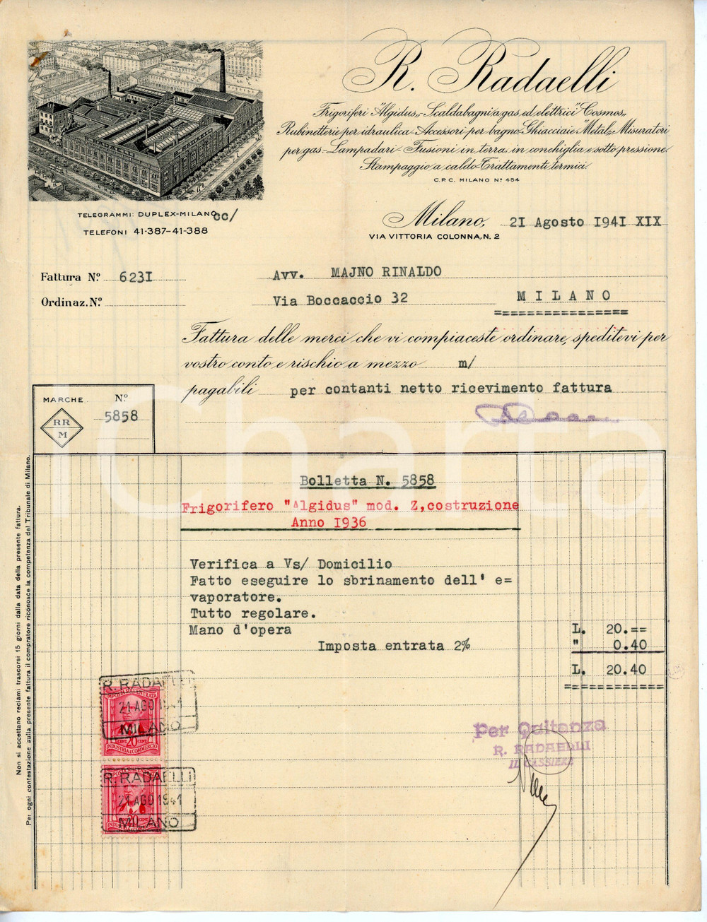 Documento originale, autentico 1941 MILANO Via Vittoria Colonna 2 R. RADAELLI Riparazione frigorifero ALGIDUS 1