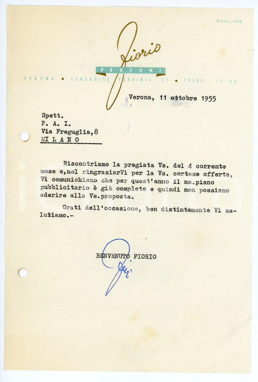 Documento originale, autentico 1955 VERONA Lungadige Panvinio 27 Profumi FIORIO Lettera commerciale 1