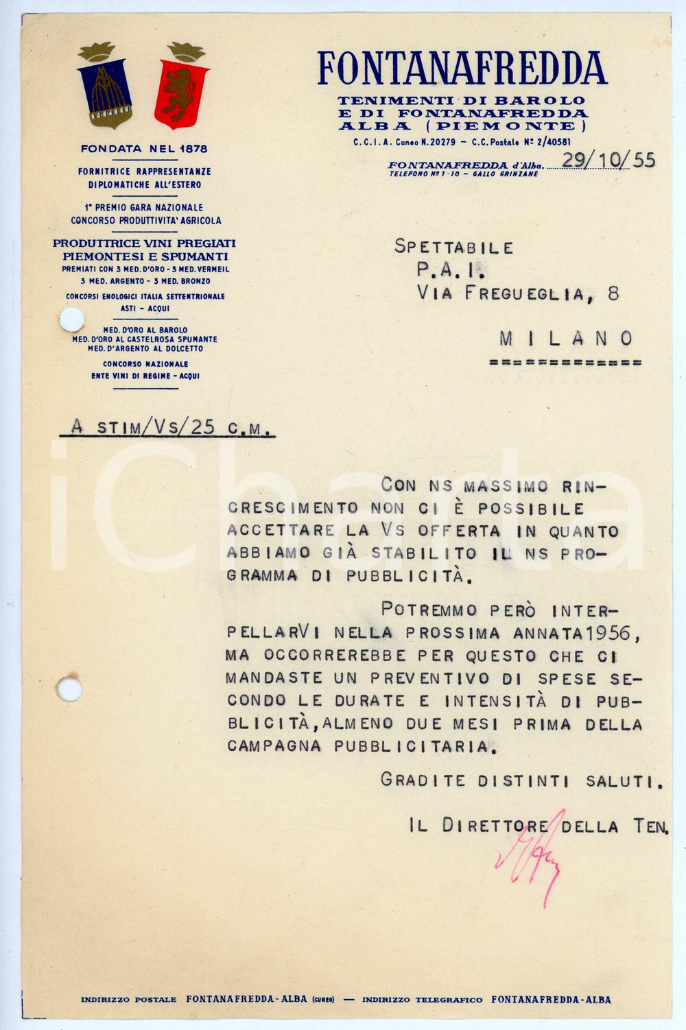 Documento originale, autentico 1955 FONTANAFREDDA D ALBA Cantine Fontanafredda  Barolo  Lettera commerciale 1