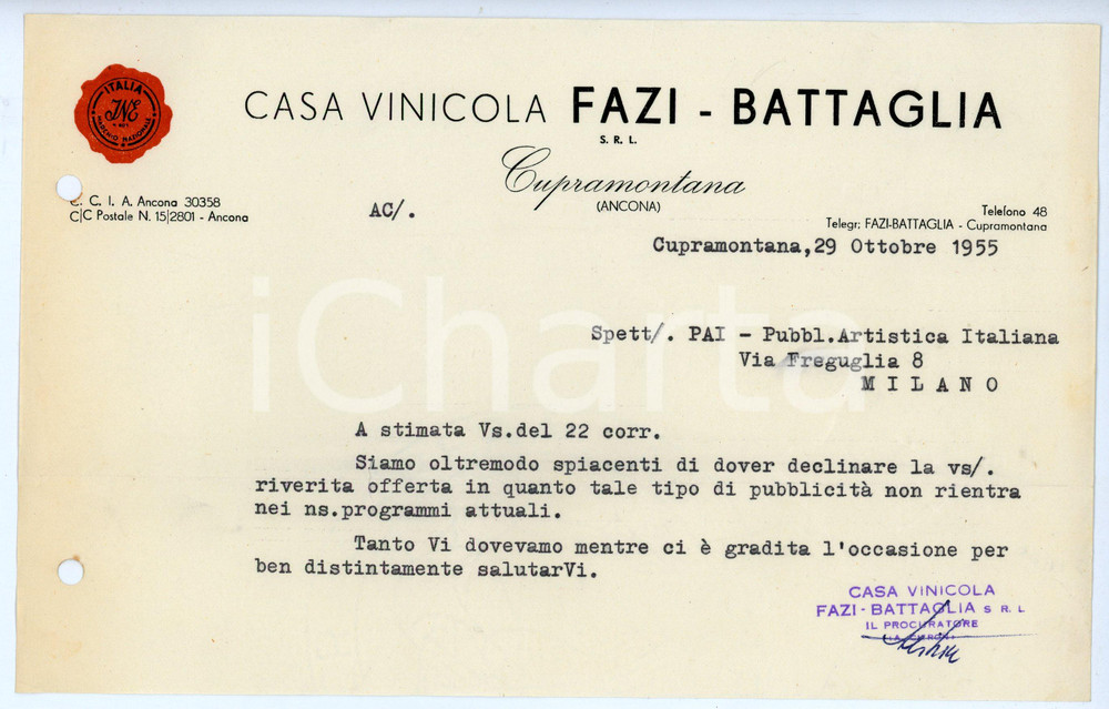 Documento originale, autentico 1955 CUPRAMONTANA Casa vinicola FAZI  BATTAGLIA Lettera commerciale 1