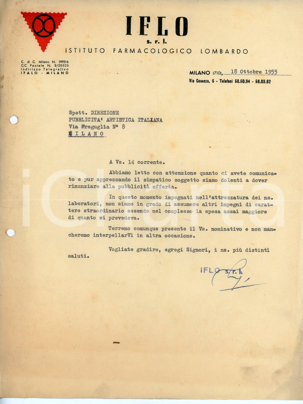 Documento originale, autentico 1955 MILANO Via Cosenza 5 Istituto Farmacologico Lombardo IFLO Lettera 1