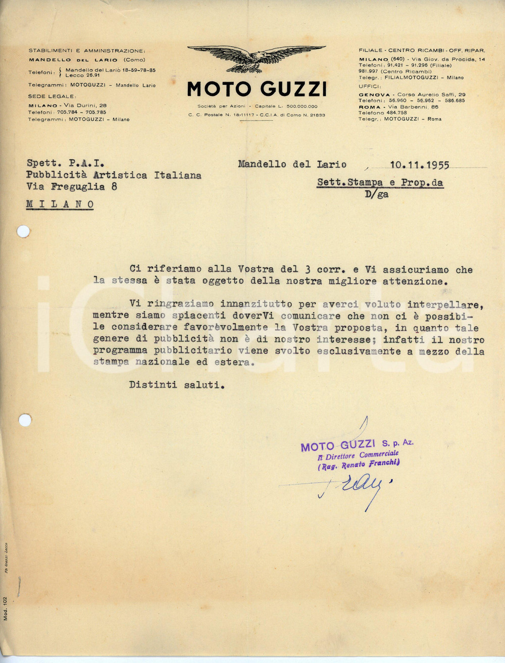 Documento originale, autentico 1955 MANDELLO DEL LARIO Moto Guzzi  Lettera commerciale 1