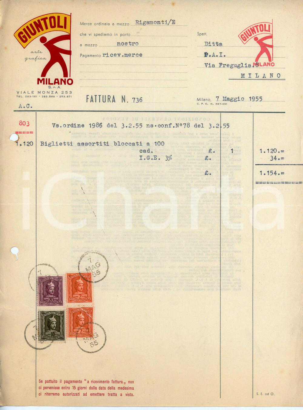 Documento originale, autentico 1955 MILANO Viale Monza 253 Arte grafica GIUNTOLI Fattura biglietti assortiti 1