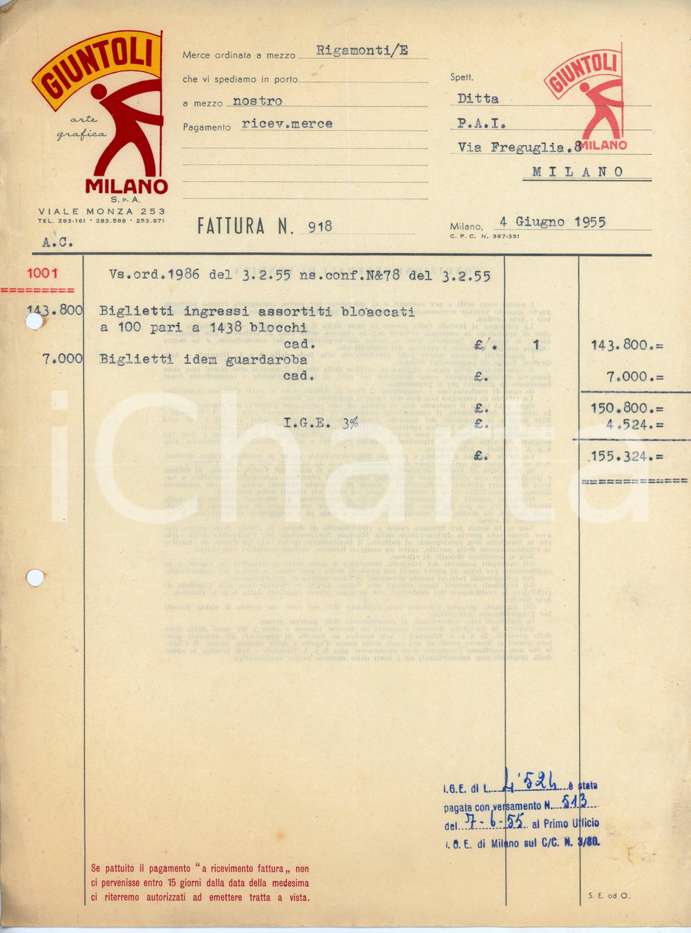 Documento originale, autentico 1955 MILANO Viale Monza 253 Arte grafica GIUNTOLI Fattura biglietti di ingresso 1