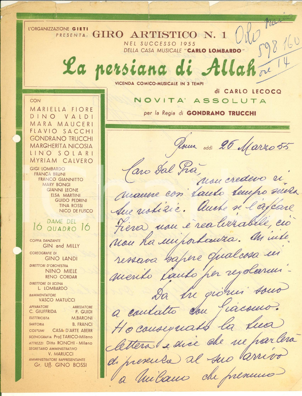 Autografo originale 1955 ROMA TEATRO La persiana di Allah di Lecocq  Lettera Gino BOSSI 1
